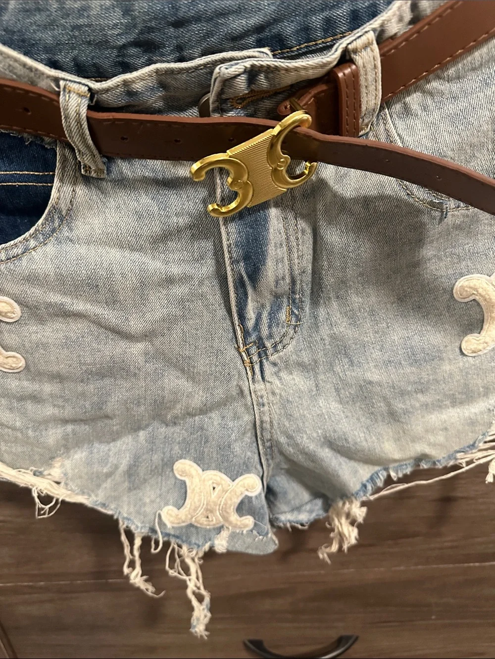 Light Blue Denim Distressed Women’s Shorts with Brown Belt size S